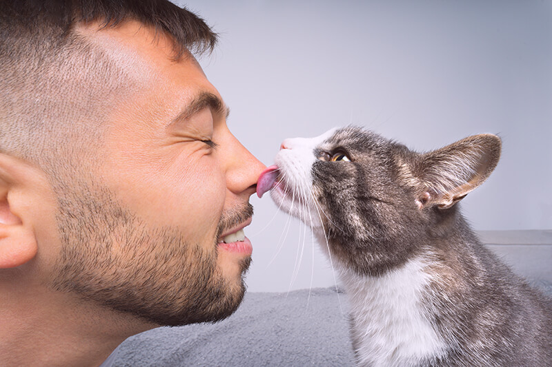 Un homme souriant les yeux fermés, touchant son nez avec un chat qui lui lèche le visage.